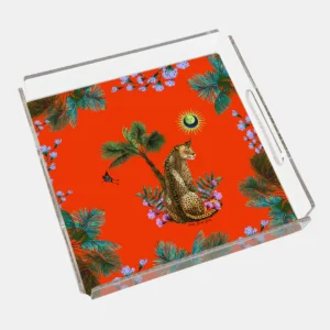 Vitelli Design Studio-Wonderland Turuncu Leopar 40x40 Akrilik Tepsi